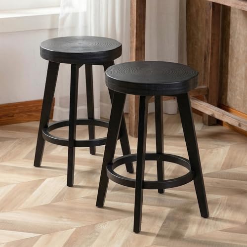 Image of Black Barstools Set of 2, 24 inch Counter Height Bar Stools with Wood Leg, Vintage Backless Stool for Kitchen Island, Bar Chairs with Round Seat