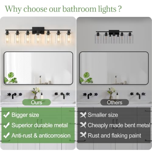 Image of MOKATNG 7-Light Bathroom Light Fixtures, Vanity Light with Clear Glass Shades, Matte Black Bathroom Light Fixtures Over Mirror, Modern Bathroom Wall Lamp for Mirror Living Room Cabinet Bedroom