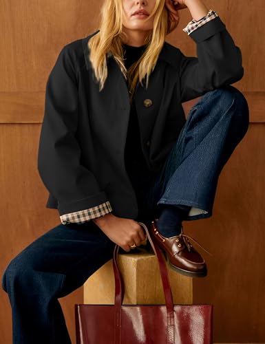 Dqbeng Womens Cropped Trench Coat Classic Collar Oversized Casual Jackets with Checkered Lining (Black-L)4