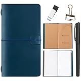 Thenshop Travelers Refillable Leather Journal Notebook Travel Diary Handmade Passport Travelers Journal for Men and Women with 3 Notebook Inserts, Pen Holder, Binder Clip(Blue,Stand Size)