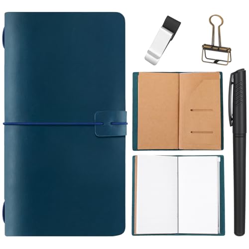 Thenshop Travelers Refillable Leather Journal Notebook Travel Diary Handmade Passport Travelers Journal for Men and Women with 3 Notebook Inserts, Pen Holder, Binder Clip(Blue,Stand Size)