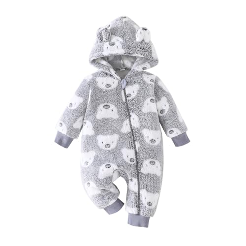 Yanmucy Vinterdräkt baby vinter med huva hängselbyxor tecknad björn bebis snödräkt varm fleece dragkedja barn flicka jumpsuit 0–18 månader, Grå, 0-3 mesi