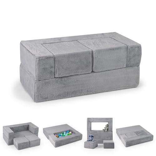 DREAMADE Canapé Modulable Enfants 3 PCS,Canapé Convertible Tout-Petits avec Mousse Haute Densité,Housse en Tissu Peluche Amovible,Lavable en Machine,Canapé...