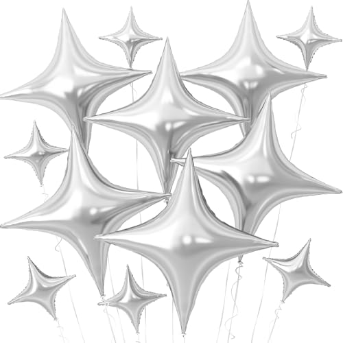 Image of Silver Star Balloons,12Pcs Four Angle Star Foil Balloons