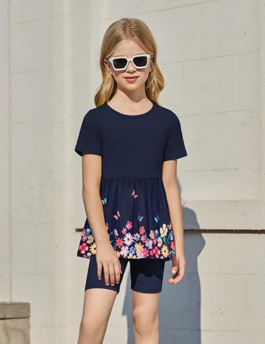 Image of Arshiner Girls Summer Outfits Short Sleeve Ruffle Hem Top and Biker Shorts Set Girl Clothes 4-15 Years