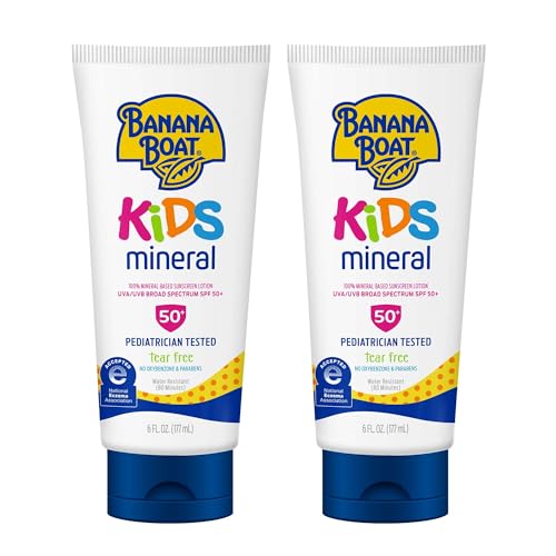 Banana Boat 100% Mineral Kids Sunscreen Lotion SPF 50, Twin Pack | Banana Boat Mineral Sunscreen for Kids, Childrens Sunblock SPF 50, Oxybenzone Free, 6Fl Oz each (Pack of 2)