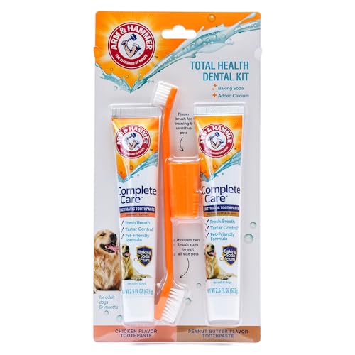 Image of Arm & Hammer Complete Care Dog Dental Kit with Two Flavors: Chicken & Peanut Butter Enzymatic Dog Toothpaste, Toothbrush, & Finger Brush, Baking Soda + Calcium, 2.5oz Each