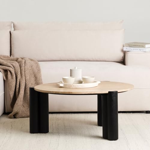 IDIMEX TAPTI Couchtisch mit Tischplatte aus Travertin 80 cm, Beige/Schwarz - Runder Wohnzimmertisch aus massivem Mangoholz, Coffee Table, Beistelltisch mit Marmor Optik, moderner Clubtisch