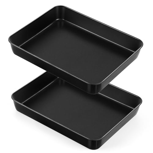 HaWare Juego de 2 bandejas antiadherentes de acero inoxidable, bandeja para horno pequeña, bandeja para horno profunda, molde rectangular para hornear para brownies lasaña, 26,5 x 20,6 x 5 cm,