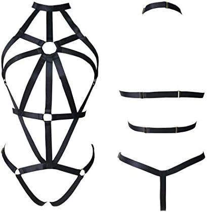 Full Body Harness Bra Women's Lingerie cage Set Punk Gothic Garter Chest Strap Stretchy Fabric Plus Size Belt Festival Rave Black
