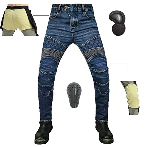 Pantalon Moto Hombre, Pantalon Vaquero Moto Hombre Kevlar Con Bolsillos, Resistentes Al Desgaste, Refuerzo De Cadera Y Rodilla, Protectores De Rodilla ExtraíBles Y Ajustables En Altura (Blau,XL)