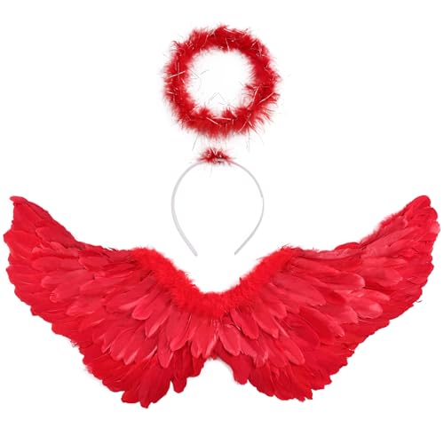 whitefeather Feather Angel Wings with Halo Headband Adult Costume Accessories Lightweight Adjustable Fairy Wings for Cosplay (red-1.96ft)