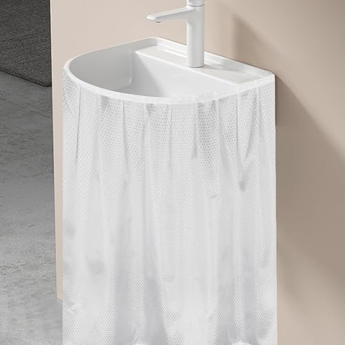 Varpotle Fabric Sink Skirt for Pedestal Sinks – Waterproof Under Sink Curtain Skirt to Hide Cleaning Supplies – Self-Adhesive, Easy Install, 55 x 32 Inch Bathroom Storage Solution (White)