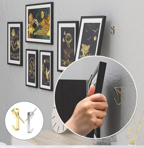 Image of 80pcs Picture Hangers, Picture Hooks for Hanging Pictures, 30Lb Frame Hooks Painting Hangers Hooks Set with Nails, on Drywall, Wooden Wall Photo Frame, Mirror, Canvas, Wall Art (Gold+Silver)