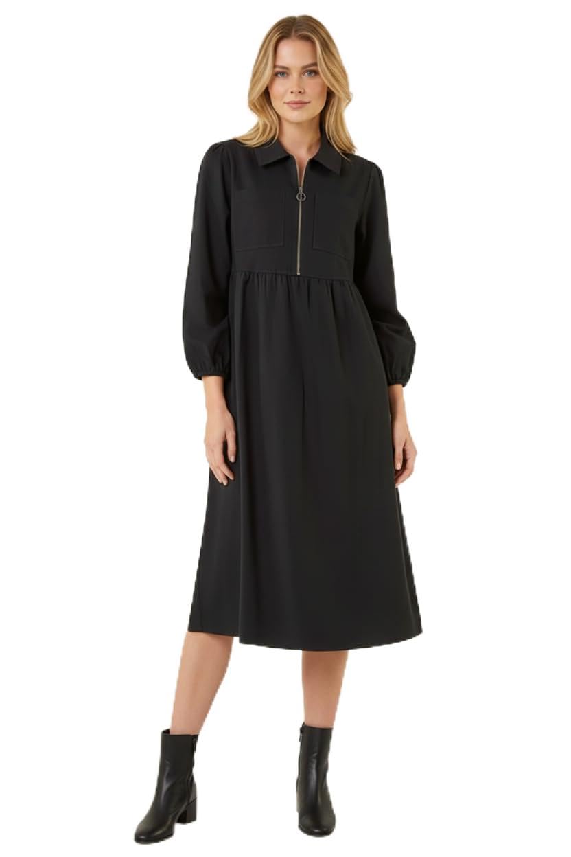 Roman Originals Women's Black Zip Front Collared Midi Dress For Uk - Everyday Autumn Winter V-Neckline Comfy Soft Evening Vacation Work Party Night Out - Size 14