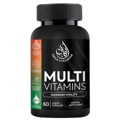 Iman Vitamins Halal Complete Multivitamin Capsules for Adults Men & Women | 42 Fruit & Vegetable Blend with Iron Zinc CoQ10 Folic Acid and Vitamin A B1 B3 B6 B12 C D3 E | 60 Count