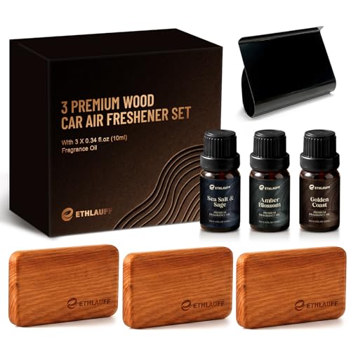 Car Air Freshener - Wood Air Freshener-Amber Blossom, Golden Coast,Sea Salt & Sage, Variety Scent Refill - Long Lasting Natural Car Fresheners - 1 Metal Clip & 3 Refill Oil Included