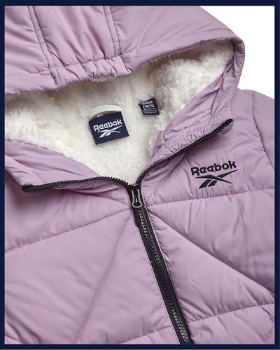 Image of Reebok Girls Heavyweight Quilted Cropped Puffer Parka with Sherpa Lining | Plush Faux-Fur Trim, Wind-Blocking Hood, Deep Pockets for Warm Hands, Modern Silhouette for School and Cold Days