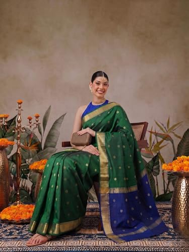 Image of Flosive inchRoyal Tradition Green Banarasi Jacquard Cotton Saree with Golden Zari Border inch