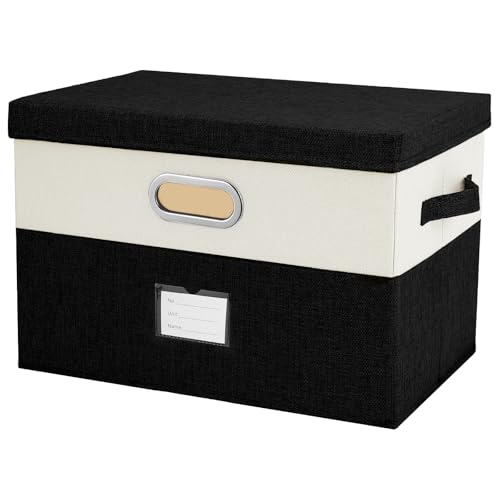 Image of Large Linen Fabric Foldable Storage Bins with Removable Lid and Handles, Washable Storage Box Organizer Containers Baskets Cube with Cover for Bedroom,Office(Black&Cream, Large)