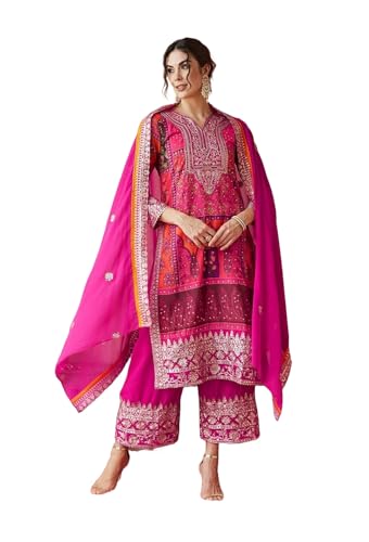 Women's Indian Ethnic Kurta Set with Dupatta Embroidered Georgette Sharara Palazzo Suit