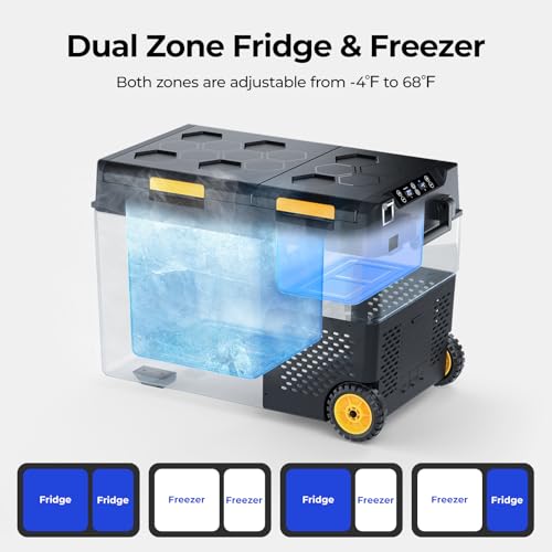 Image of BougeRV 12 Volt Car Refrigerator, CRD2 52 Quart Portable Fridge Freezer with APP Control, -4℉ to 68℉ Dual Zone Compressor Electric Cooler 12 /24V DC, 110~240V AC for Overlanding, Camping, RV, Truck