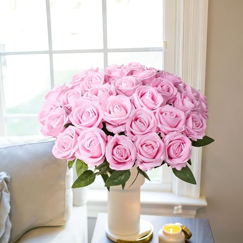 Image of 50 PCS Pink Roses Artificial Flowers, Real Looking Fake Roses with Long Stems Silk Flowers for DIY Wedding Bouquet Party Celebration Home Bridal Shower Decoration Valentine's Day Gift for Her Wife