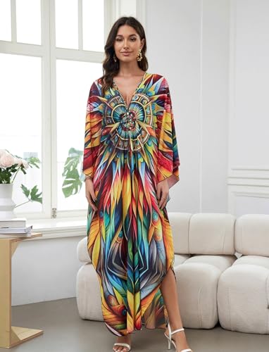 Image of KECVOT Kaftan Dresses for Women Plus Size Batwing Sleeve Caftans Long Bathing Suit Cover Up Maxi Beach Dress Loungewear