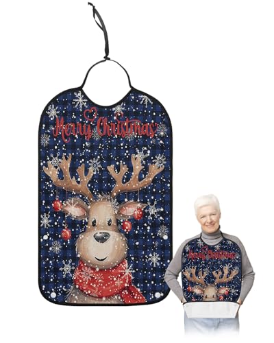 LEOKOTI Christmas Elk Adult Bibs for Eating, Waterproof Bibs with Food Catcher & Adjustable Snap Closure, Blue Black Plaid Xmas Deer Snowflake Washable Clothing Protectors Adult Bibs for Elderly