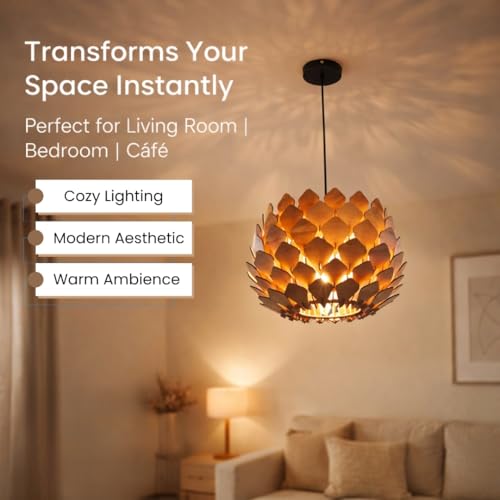 Image of Wood Pinecone Pendant Lamp | Wooden Ceiling Lamp, Wooden Hanging Lamp, Handicrafted, Home Decor Chandelier Light for leaving room