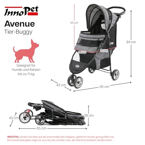 Innopet Hundebuggy Avenue Meliertes Grau leichter Katzenbuggy - Regenschutz inklusive - Hundewagen für die Stadt - faltbarer,wendig, kompakt - mit Sicherheitsleinen & Aufbewahrungskorb
