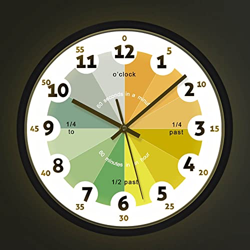 Geek Alerts How to Tell Time Learning Silent Quartz Clock,Voice Control LED Night Light,Homeschool Kindergarten Classroom Nursery Decor Teaching Time 12inch Metal Frame Watch for Kids