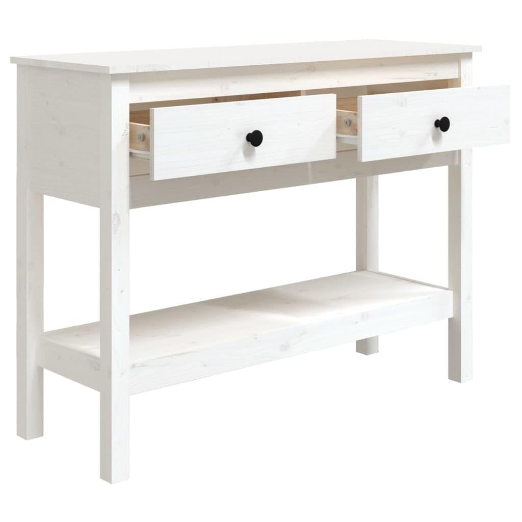 Stolik konsolowy biały, 100 x 35 x 75 cm, z litego drewna sosnowego, z 2 szufladami i półką, uniwersalny stół do przedpokoju do przedpokoju i salonu