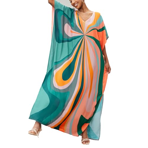 Image of sunforyou Kaftan Dresses for Women Plus Size Lightweight Swimsuit Cover up Batwing Sleeve Print Loungewear Beach Robe