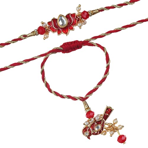 Image of eCraftIndia Red Lotus Bird Designer Bhaiya Bhabhi Rakhis with Best Bro Ever Fridge Magnet | Set of 2 Rakhi for Brother and Bhabhi | Lumba Rakhi | Roli Chawal Pack
