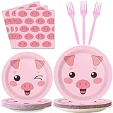 96 Pcs Pink Pig Plates Napkins Farm Animal Party Decorations Dinnerware with Piglet Party Supplies for Girls Birthday Tableware Kit for 24 Guests