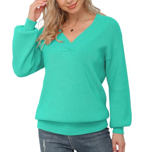 Feiersi Women's Off Shoulder Sweater Long Sleeve Loose Tops V-Neck Pullover Knit Jumper4