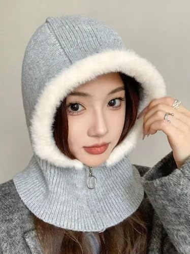 Hooded Scarf for Women Men Zip-up Balaclava Thickened Warm Knitted Hat with Ear Protection 2-in-1 Neck Gaiter Fall Winter3