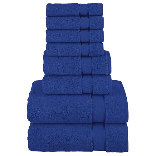 Image of Elegant Comfort Premium Cotton 8-Piece Towel Set, Includes 4 Washcloths, 2 Hand Towels and 2 Bath Towels, 100% Turkish Cotton - Highly Absorbent and Super Soft Towels for Bathroom, Royal Blue