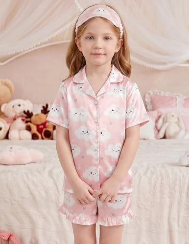 Image of Arshiner Girls Pajamas Silk Satin Pajama Set Button Pjs Ruffle Sleepwear | 2 Piece Nightwear, Silky Soft Lounge for Little & Big Kids, Ideal for Sleeping and Sleepover Party