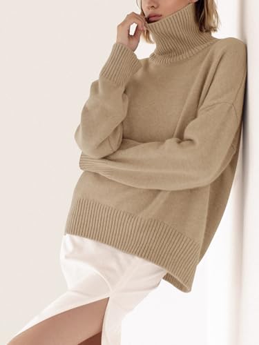 Image of YKR Women's Turtleneck Sweater Chunky Long Sleeve Knitted Pullover High Low Hem Sweater Jumper Top Darkapricot XXL