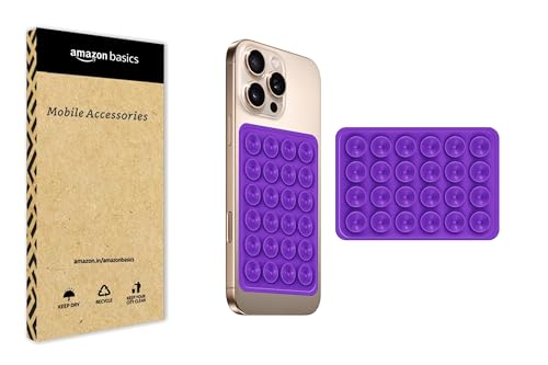 Image of amazon basics Suction Phone Case Anti-Slip Silicone Multipurpose Hands-Free Sticky Pads for Phone Case Mount for Selfies Videos Mirror Shower Car Dashboard - Purple (1 Piece)