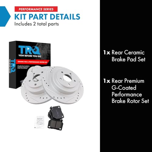 Image of TRQ Performance Rear Brake Pad and Rotor Set Ceramic Coated Drilled Slotted Rotors Compatible with 2006-2007 Subaru Impreza