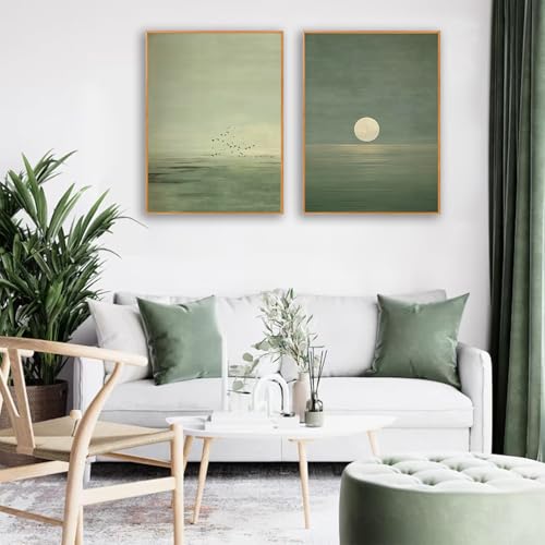 2Pcs Japanese Sage Green Wall Art Minimalist Moon and Bird 12X16in Unframed - image 3