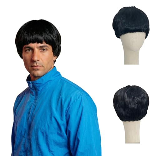 ZMIYIAC Déguisement Ibiza Final Boss Perruque Homme Noir Perruques Carré avec Frange Perruque Coupe au Bol Déguisement Perruques Annee 60 70 80 pour...
