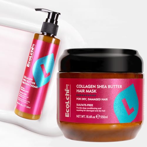 Collagen Shea Butter Hair Mask and Leave In Conditioner Set Hair Treatment Natural Ingredient Deep Repair Conditioning for Dry Damaged Hair All Hair Types 550+200ml 18.6floz + 6.8floz