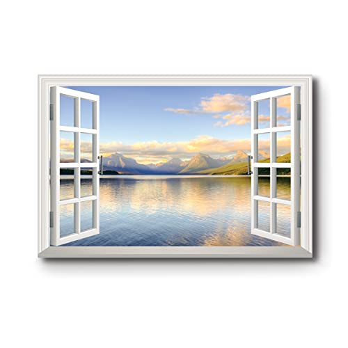 Renditions Gallery Nature Decoration Scenic Window View of Lake Mcdonald in Summer Canvas Artwork Prints for Kitchen Office Wall Hanging - 24"X36" LT04