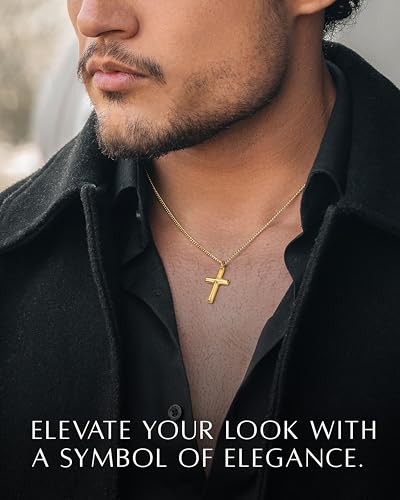 RTZN® Cross Pendant for Men – 18K Gold/Silver Small Cross Necklace for Men – NON-TARNISH & 100% Waterproof Mens Silver Necklace with 2mm Curb Chain Length 18/20/22/24" Inches3