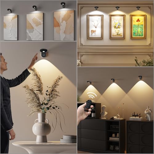 Image of Picture Lights for Wall Wireless with Magnetic,2000mAh Rechargeable Picture Frame lights with Dimmable,Puck Lights with Remote Control,Art Lighting for Paintings,Counter, Shelf,Bookcase(4 Pack,Black)