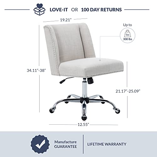 Belleze Modern Upholstered Linen Office Chair With Nailhead Trim, Armless Adjustable Height Swivel With Wheels, Stylish Farmhouse Computer Desk Seating - Beige #TOP1